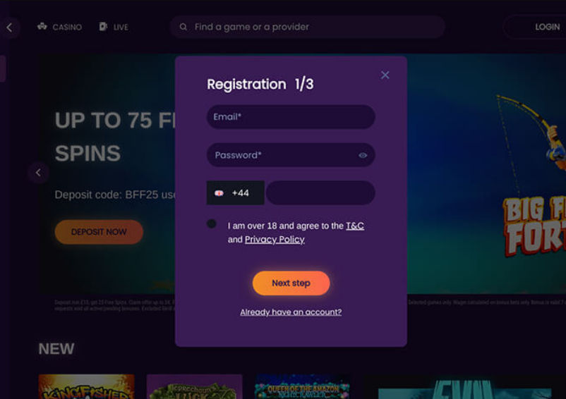 Registration form showing email, password and UK phone fields with age and policy consent checkboxes