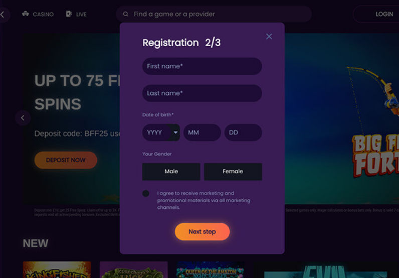 Personal details form with name fields, date of birth selectors and gender options displayed