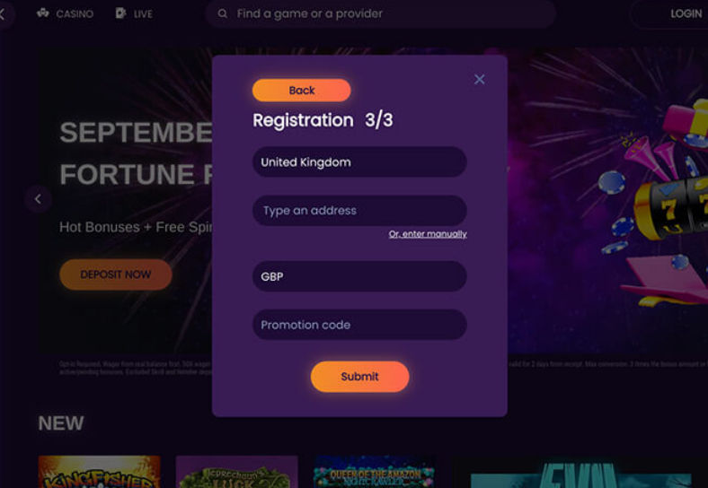 Address and settings form showing UK country, GBP currency and promotion code field